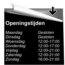 Openingstijden  Maandag		Gesloten Dinsdag		Gesloten Woensdag		12:00-17:00 Donderdag		12:00-17:00 Vrijdag		12:00-21:00 Zaterdag		12:00-21:00 Zondag		16:00-21:00